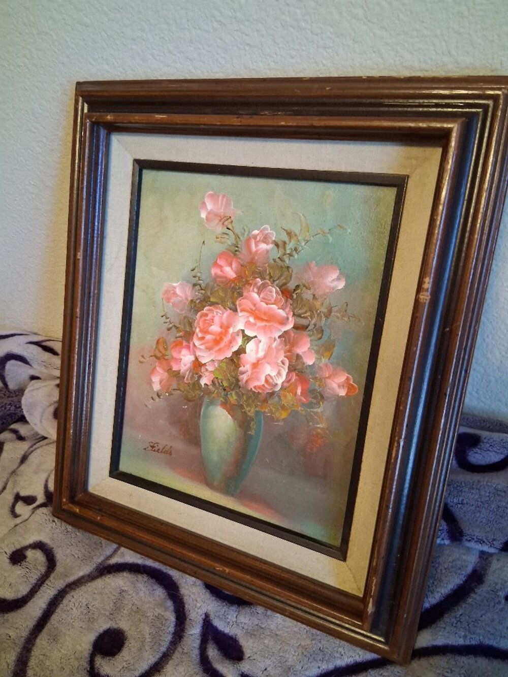 Vintage Floral Oil Painting Signed White & Pink Roses Flowers Still Life Framed